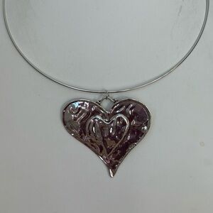 Hammered heart pendant necklace/ silver tone/ rounded chain